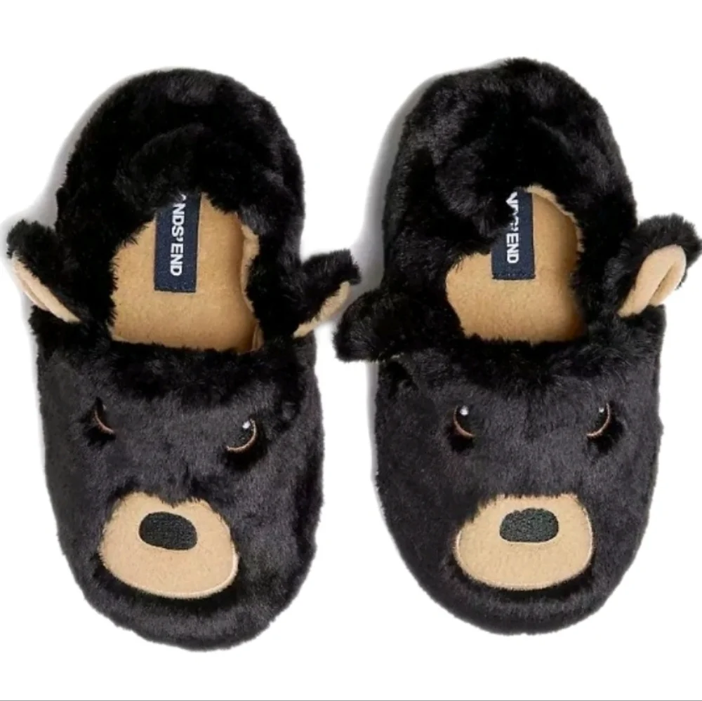 Lands’ End Black Bear Slippers Toddler Size 9 NWOT Plush Animal House Shoes